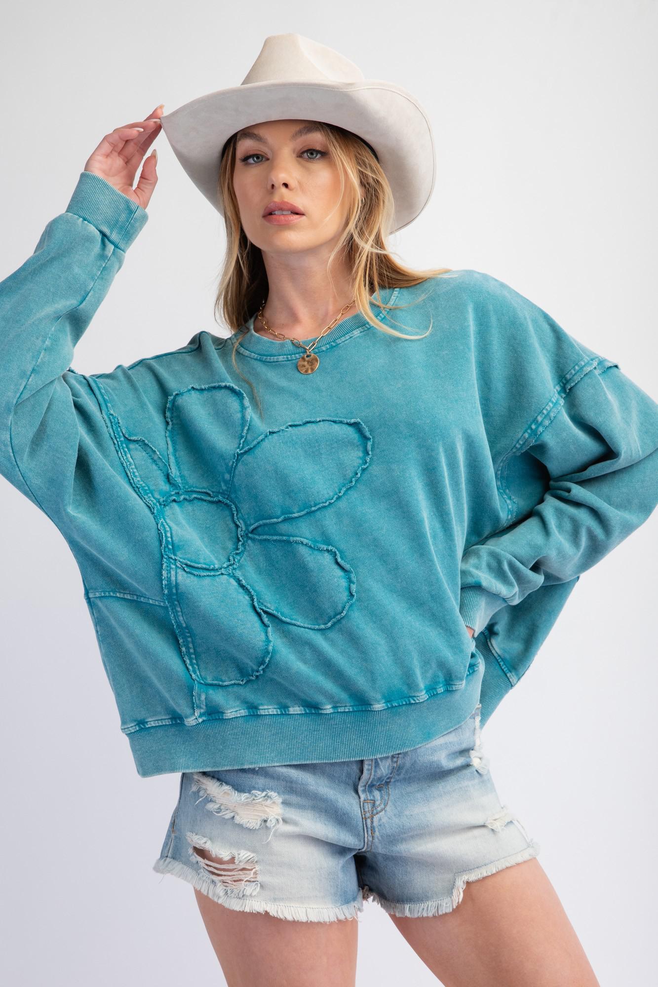 Teal Flower Patch Terry Pullover
