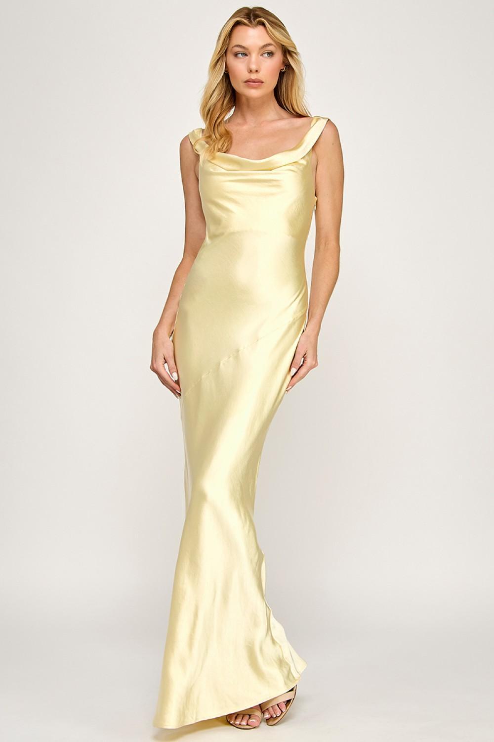 BUTTER COWL NECK SATIN MAXI DRESS