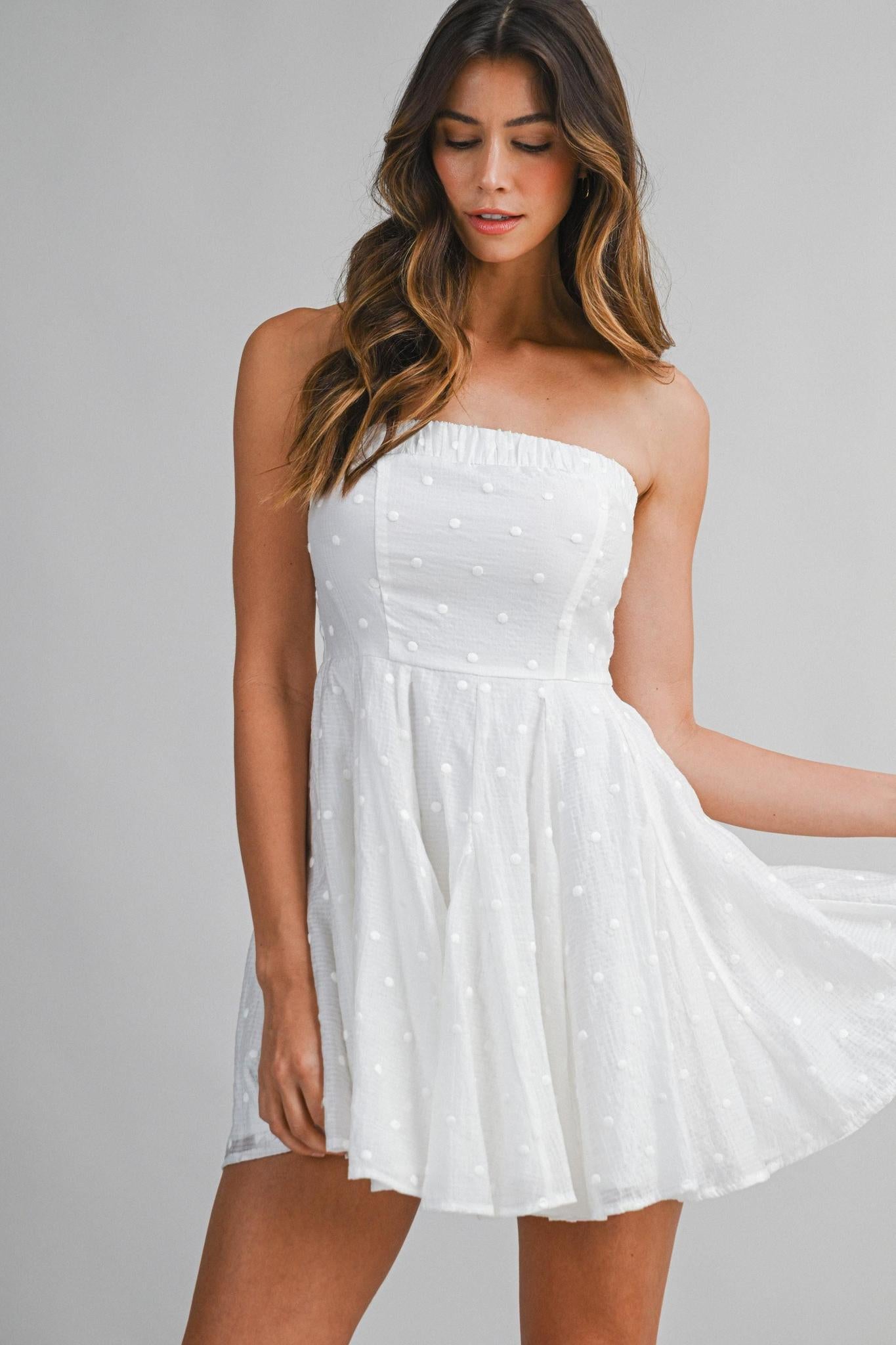 Textured Dot Strapless Flared Skirt Mini Dress