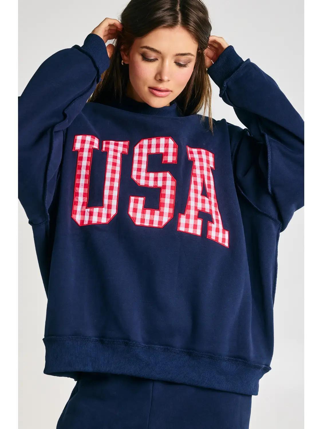 Ginghem Embroidery "USA" Navy Mock Neck Sweatshirt