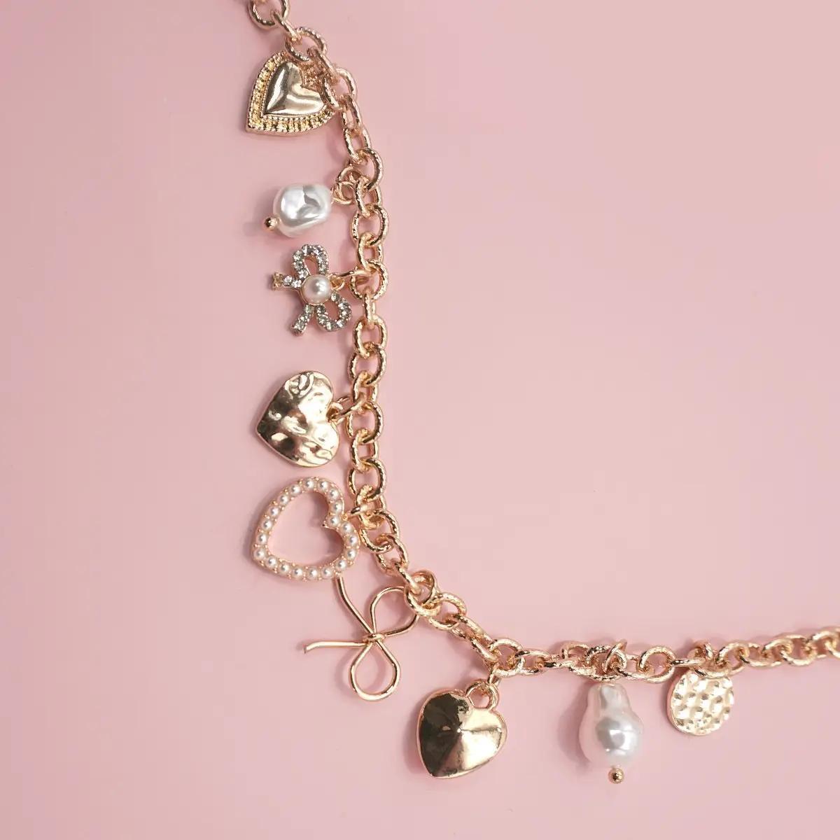 Charm Bracelet - Bow Heart Pearl Disc Charms