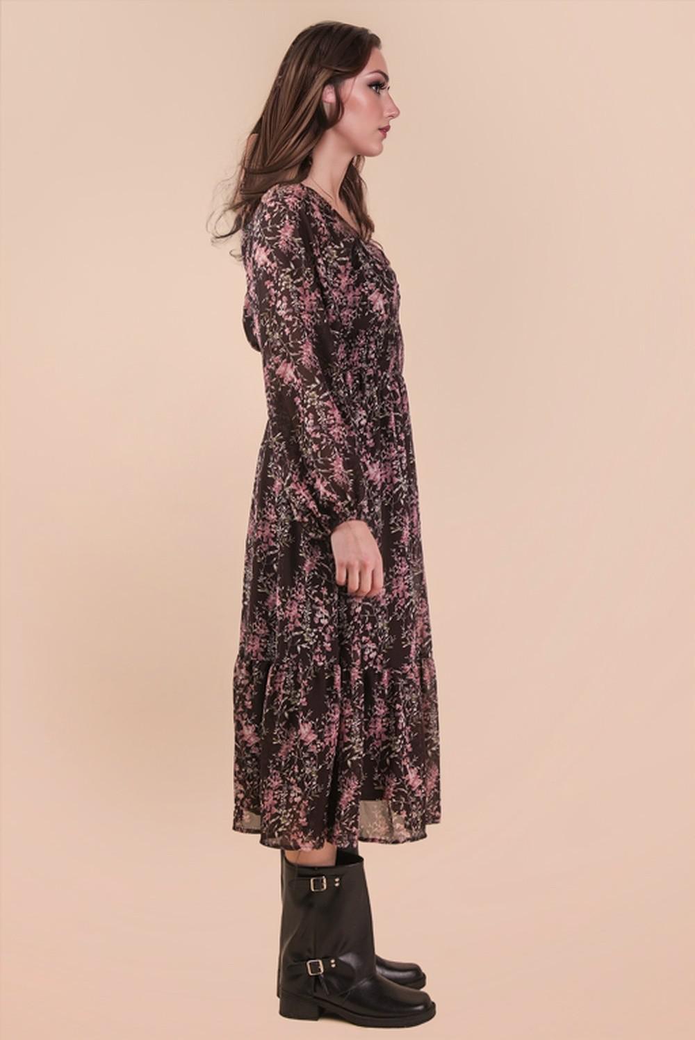 Floral Printed Smocking Torso Midi Dress