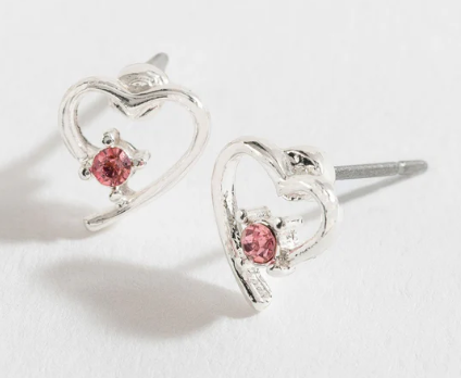 Silver Pink Stone Heart Earrings