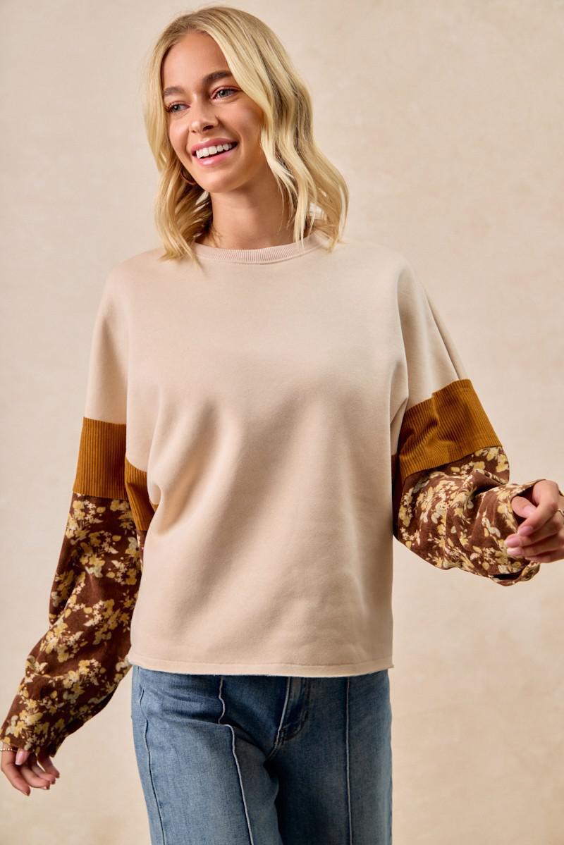 Frenchter With Floral Corduroy Sleeves Top