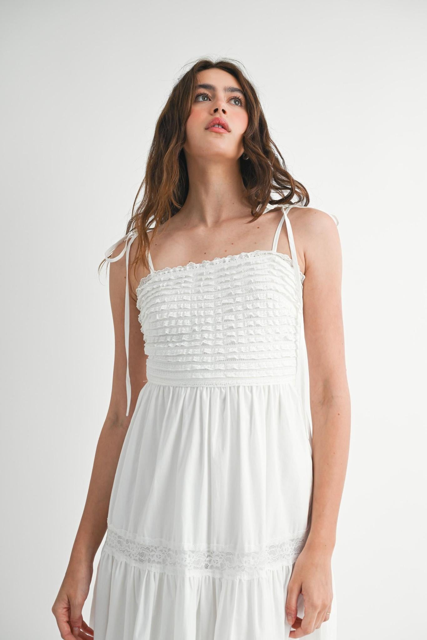 Ruffle Textured Self Tie Lace Trim Midi Dress