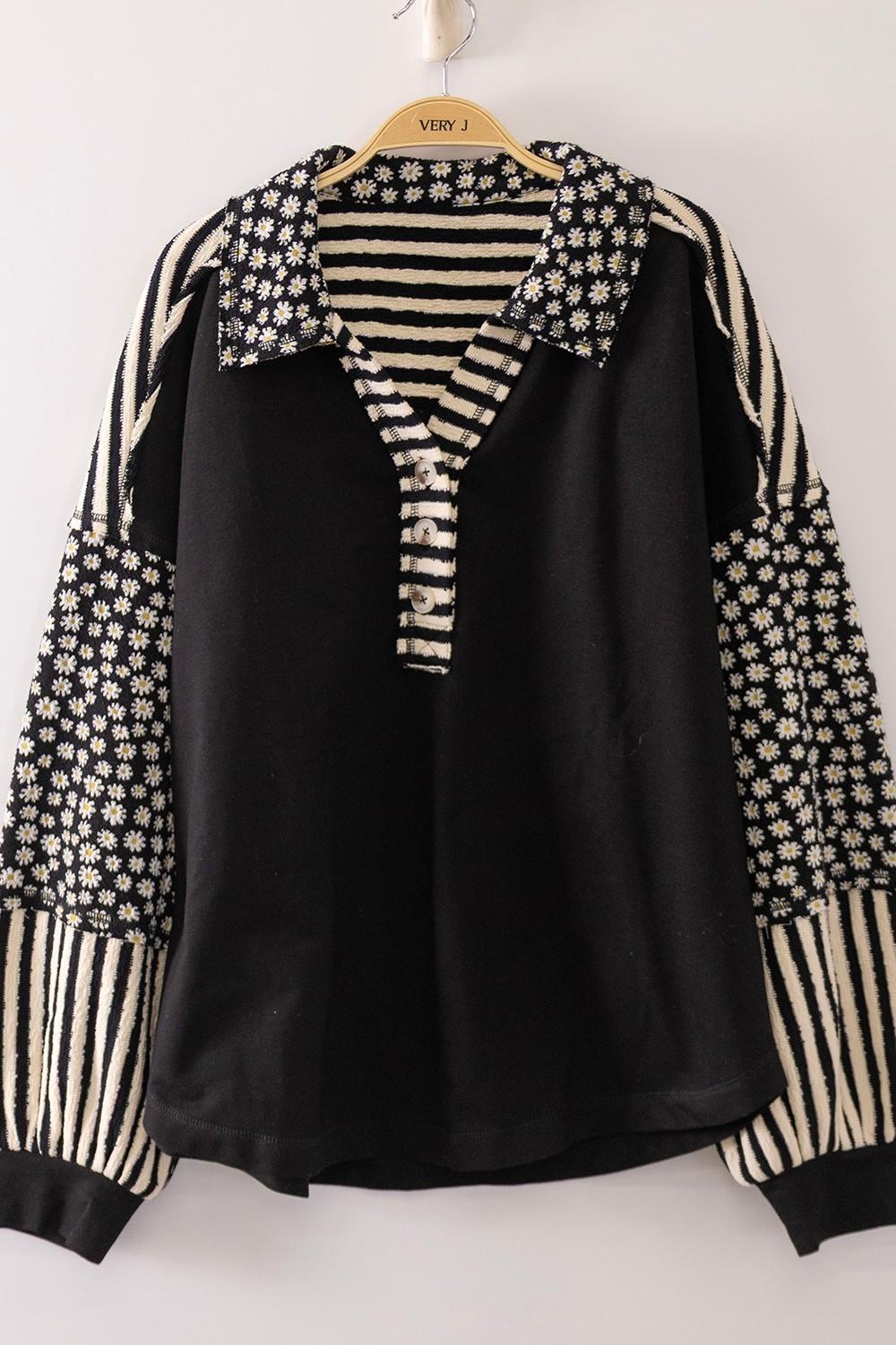 Daisy Stripe Contrast Top - Black