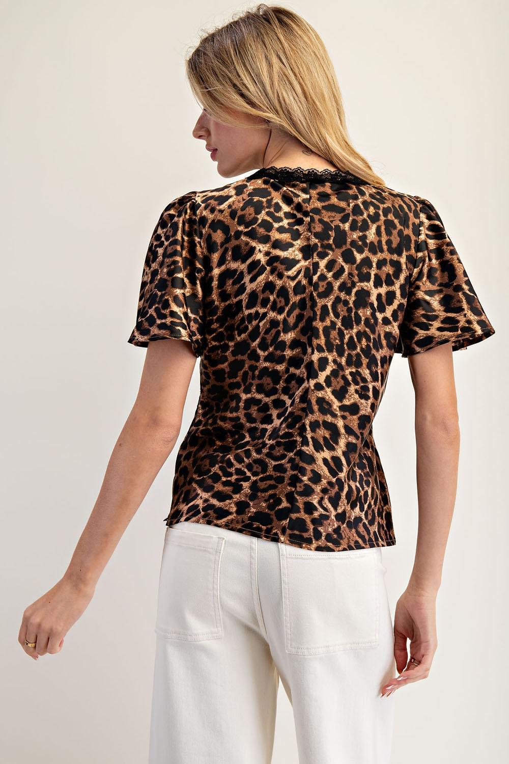Leopard V-neck Flutter Sleeve Top