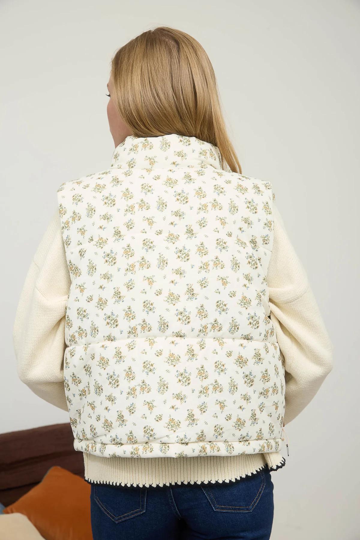 Cream Multi Floral Zip-Up Puffer Vest