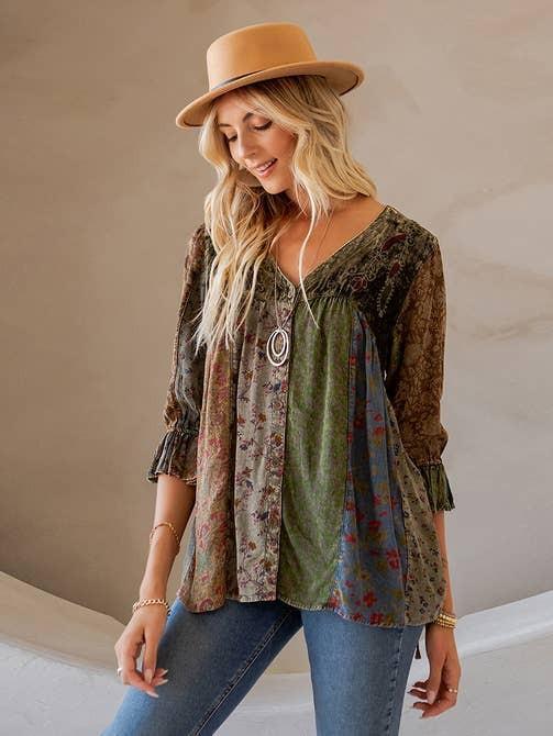 Vintage Bohemian Patchwork Velvet Top