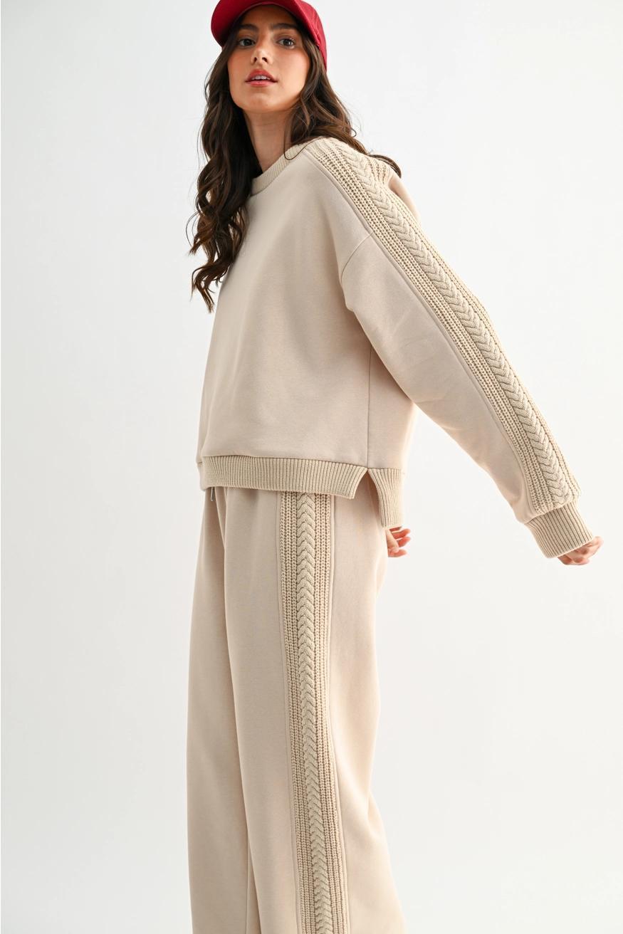 beige Cable Knit Trim Oversized Lounge Set