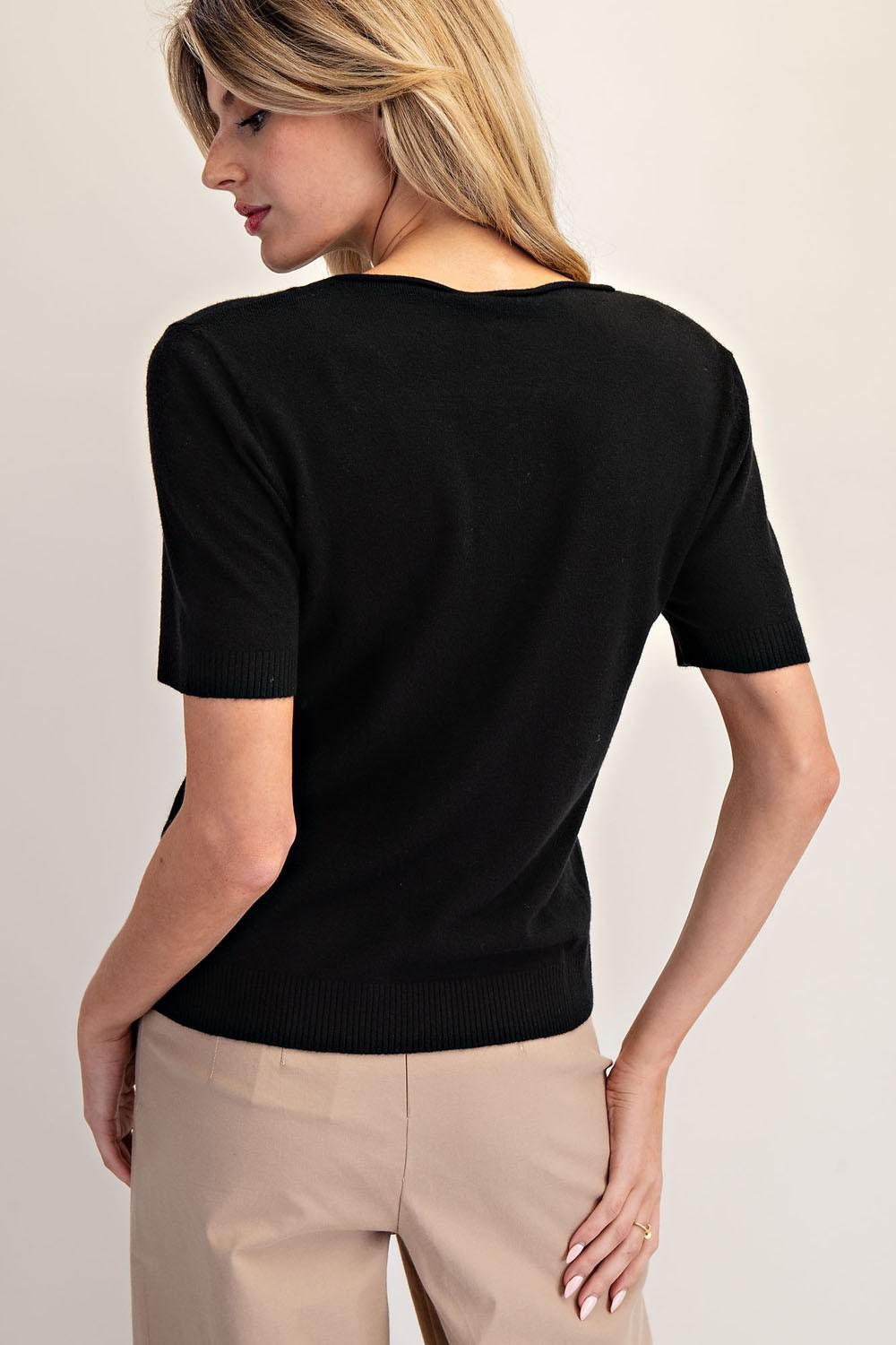 Solid Black Round Neck Short Sleeve Sweater