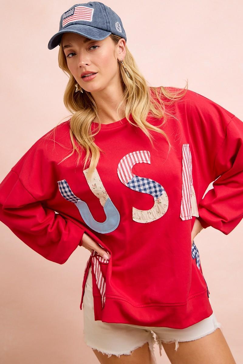 Red 4th of July Pattern Patch Bow Sides Sweatshirt
