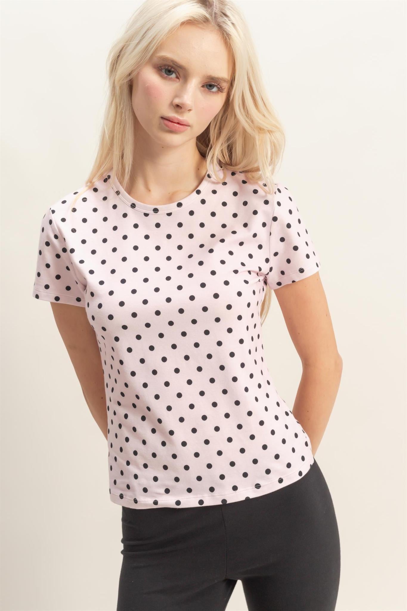 Polka Dot Short Sleeve Crew Neck - Pink