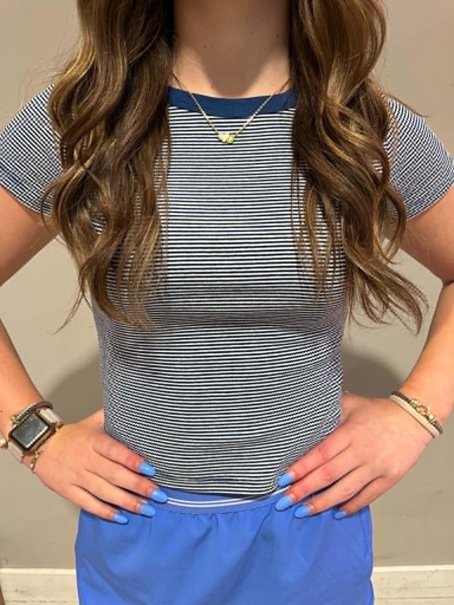 Navy Round Neck Short Sleeve Stripe Top