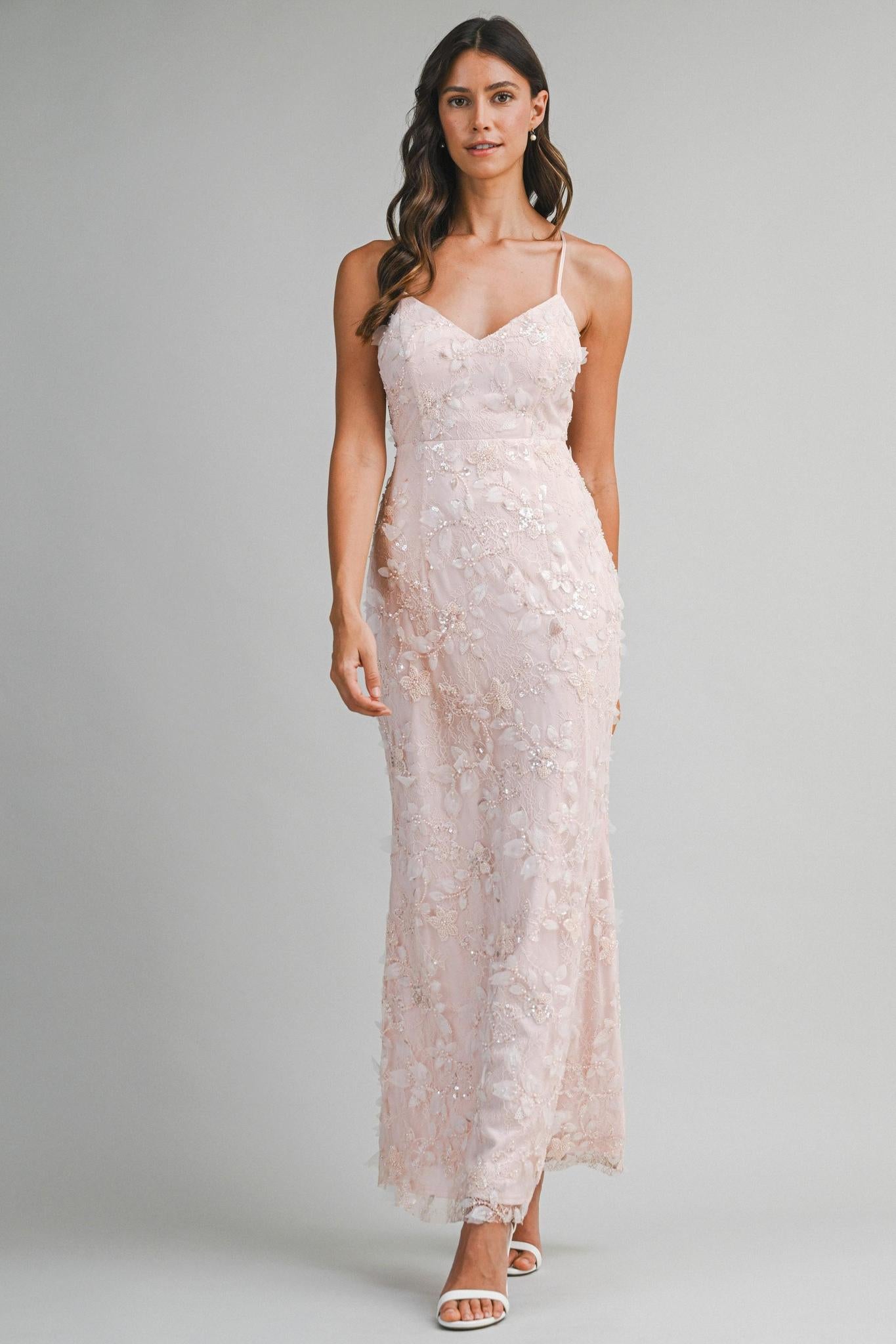 Embellished Lace Floral Applique Maxi Dress
