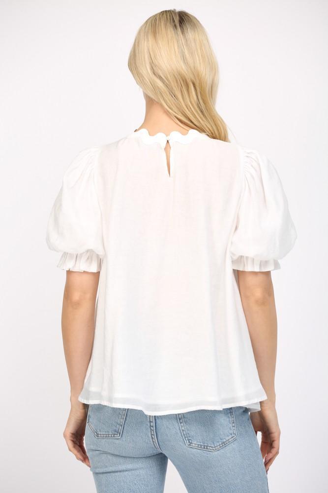 White Ric-Rac Trimmed Puffed Sleeves Top