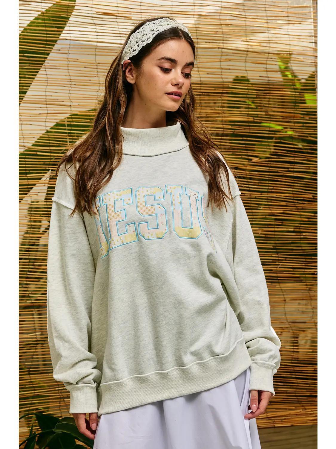 Patchwork Embroidered "Jesus" Sweatshirt