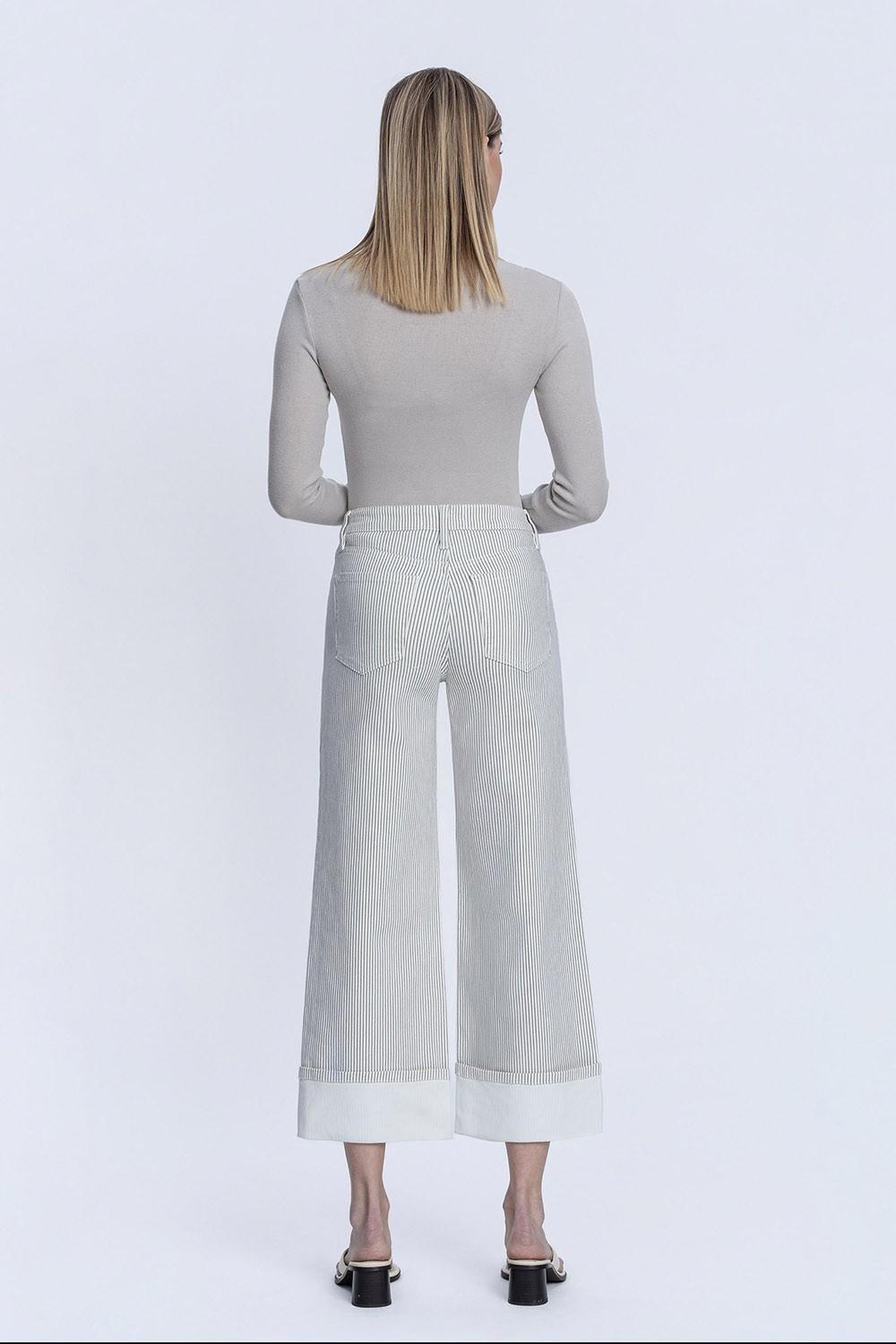 High Rise Stripe Print Cuffed Crop Wide Jeans