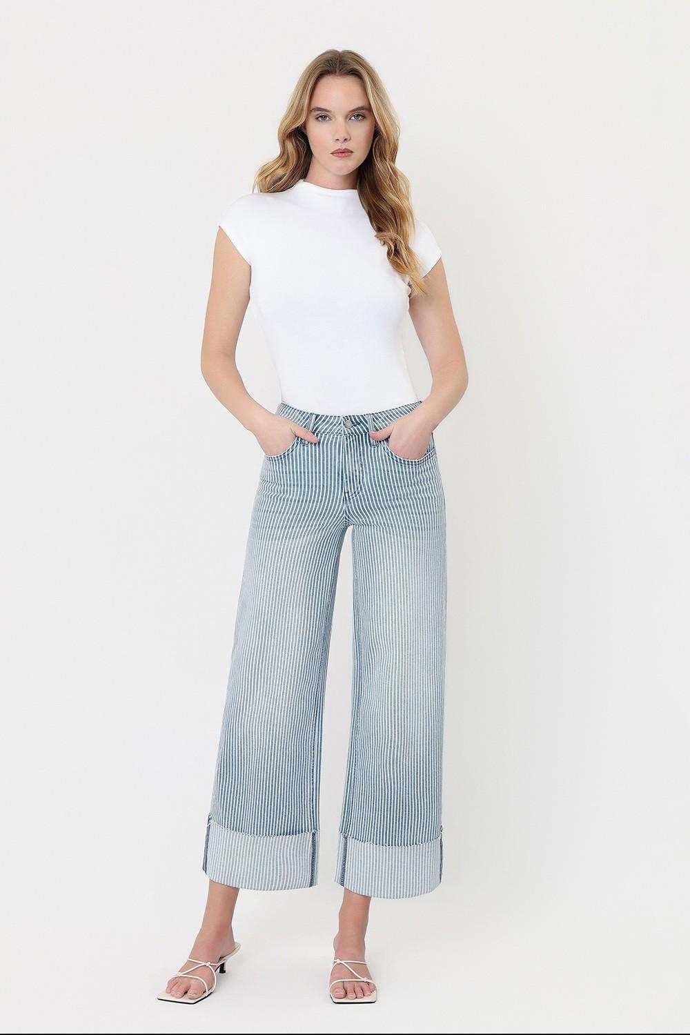 High Rise Cuffed Striped Crop Wide Jeans