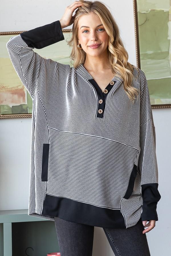 Long Sleeve Stripe Solid Contrast Hoodie