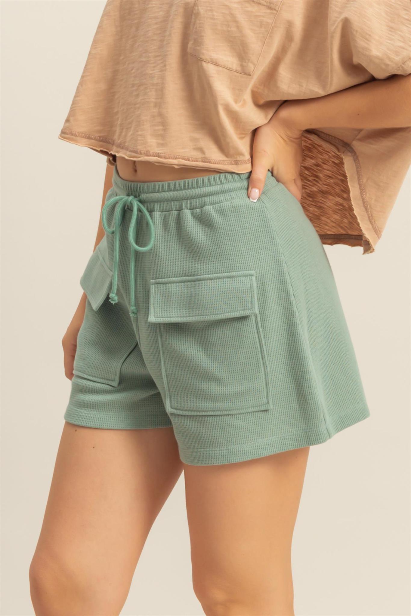 Sage Green Waffle Knit Front Pocket Shorts