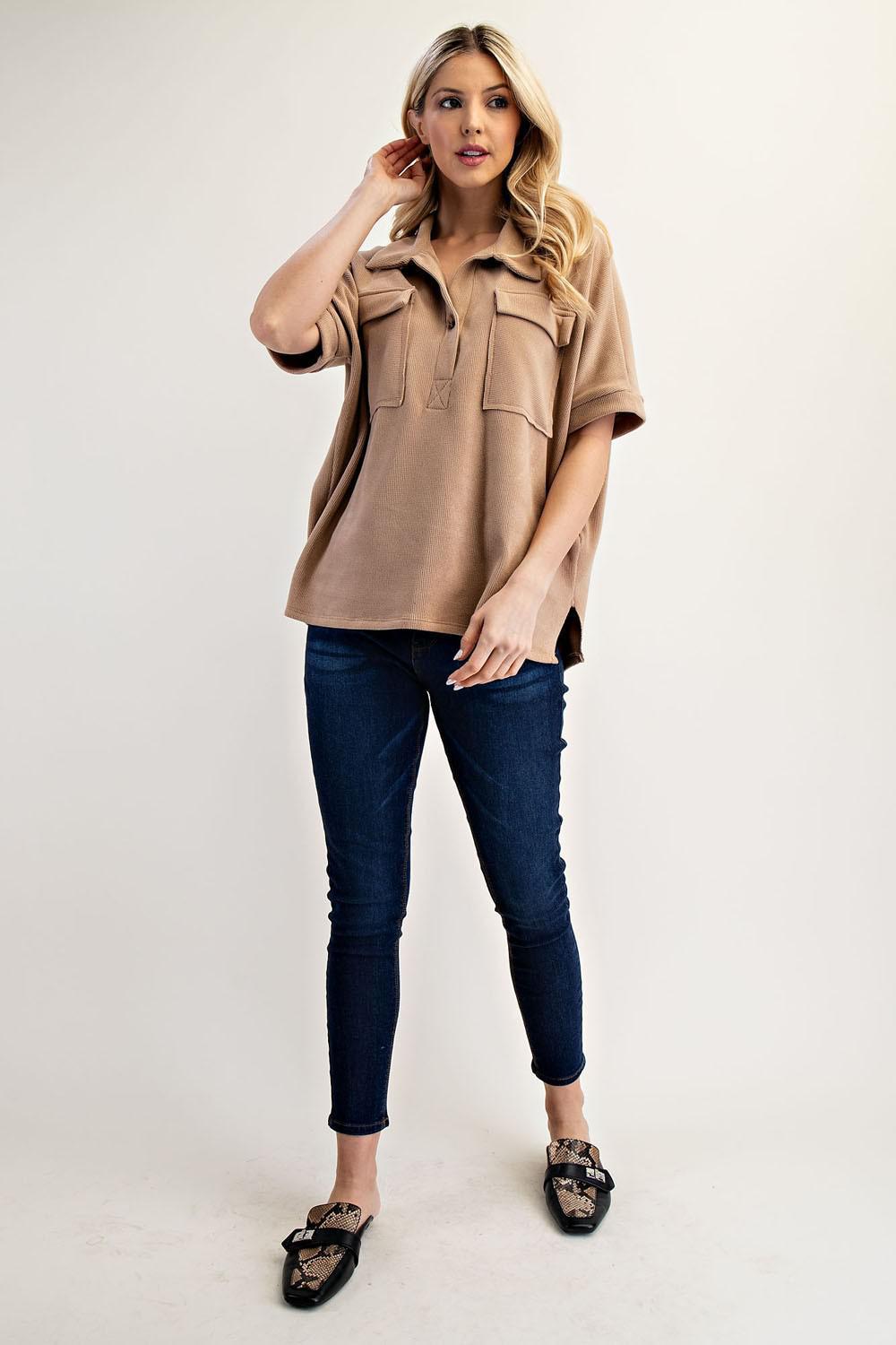 WAFFLE SOLID COLOR TOP WITH FRONT POCKETS