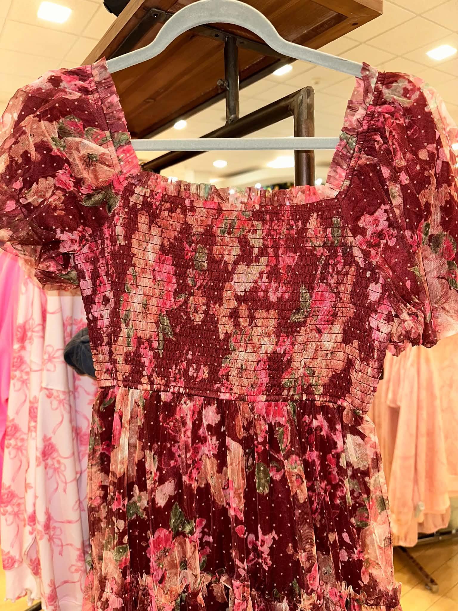 Burgundy Floral Polka Dot Tulle Puff Dress