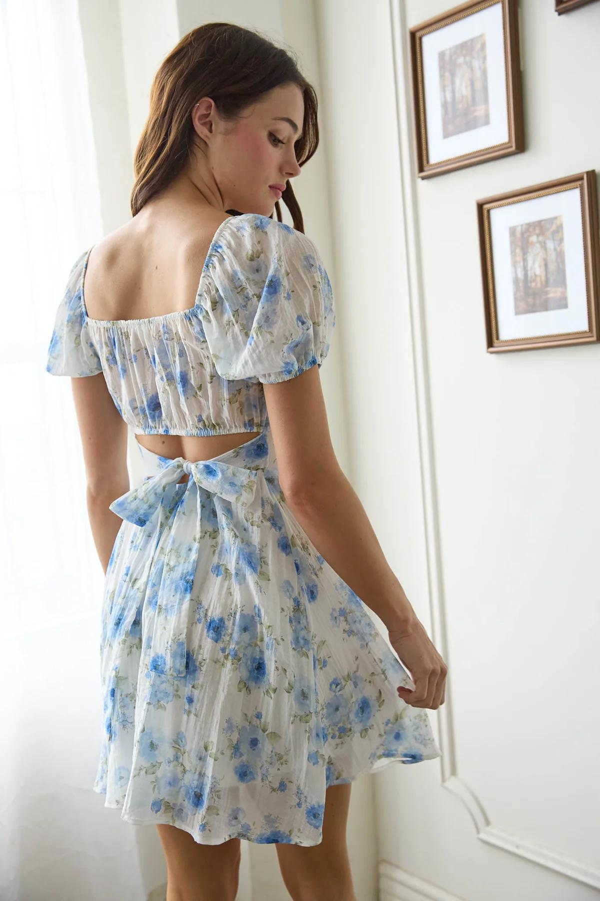 FLORAL CORSET DETAIL BACK TIE MINI DRESS