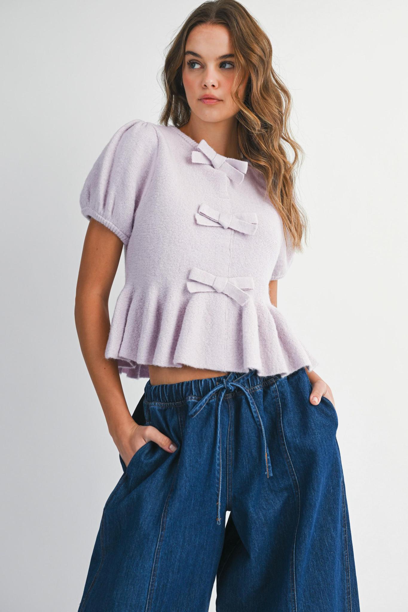 Lavender Knit Puff Sleeve Bow Detail Peplum Top