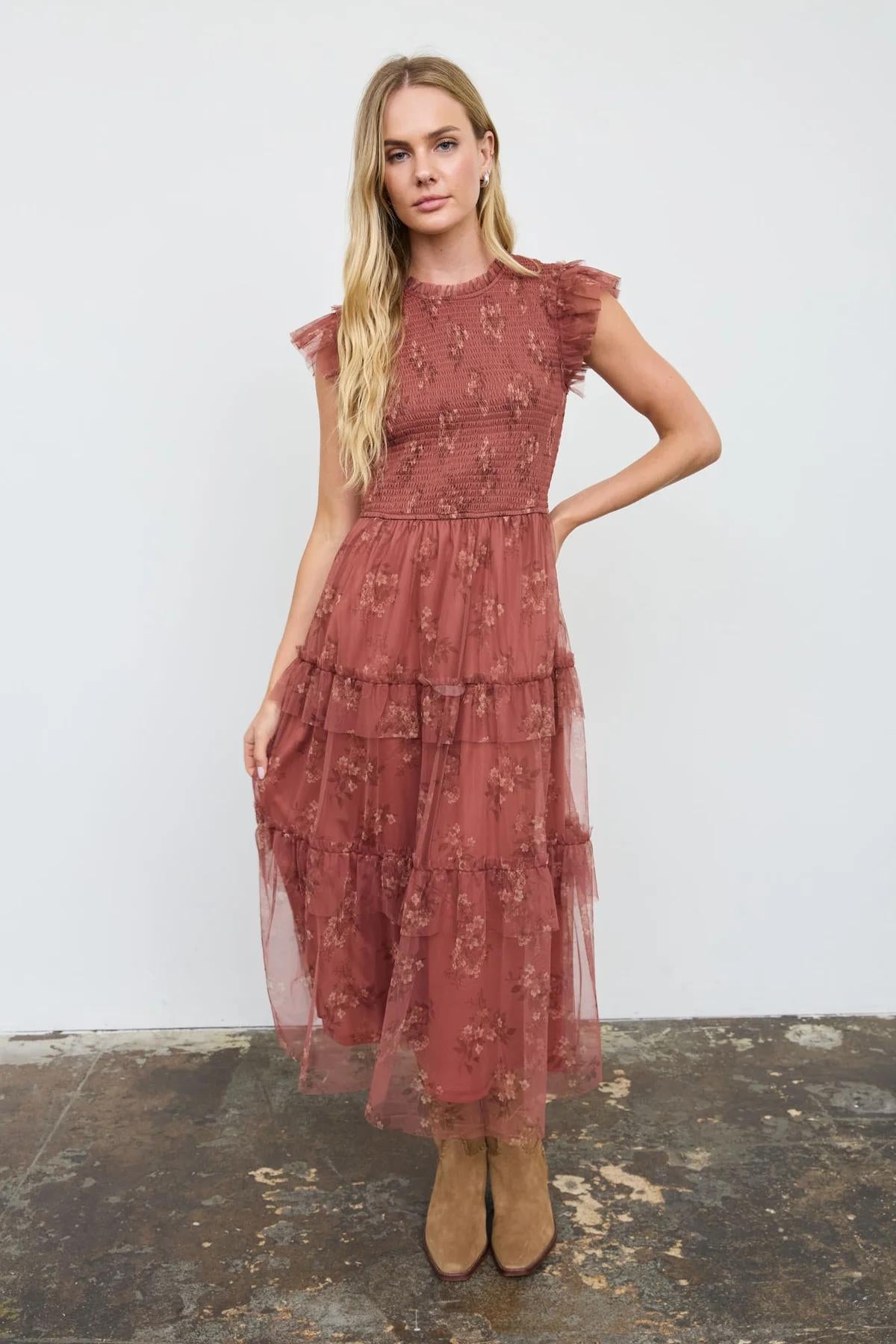TERRACOTTA SMOCKED RUFFLE TIERED FLORAL MIDI DRESS