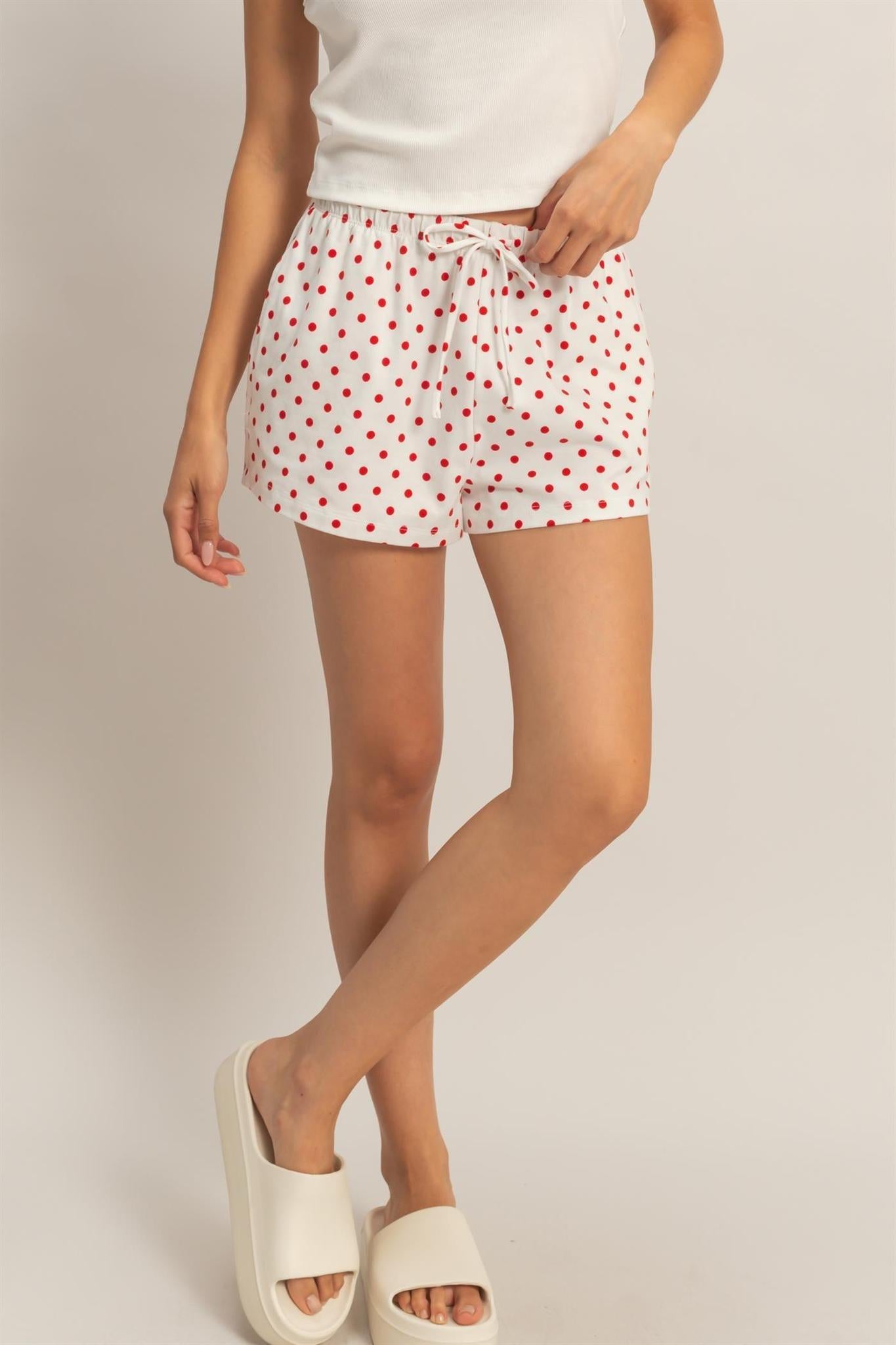 Polka Dot Drawstring Shorts - Red