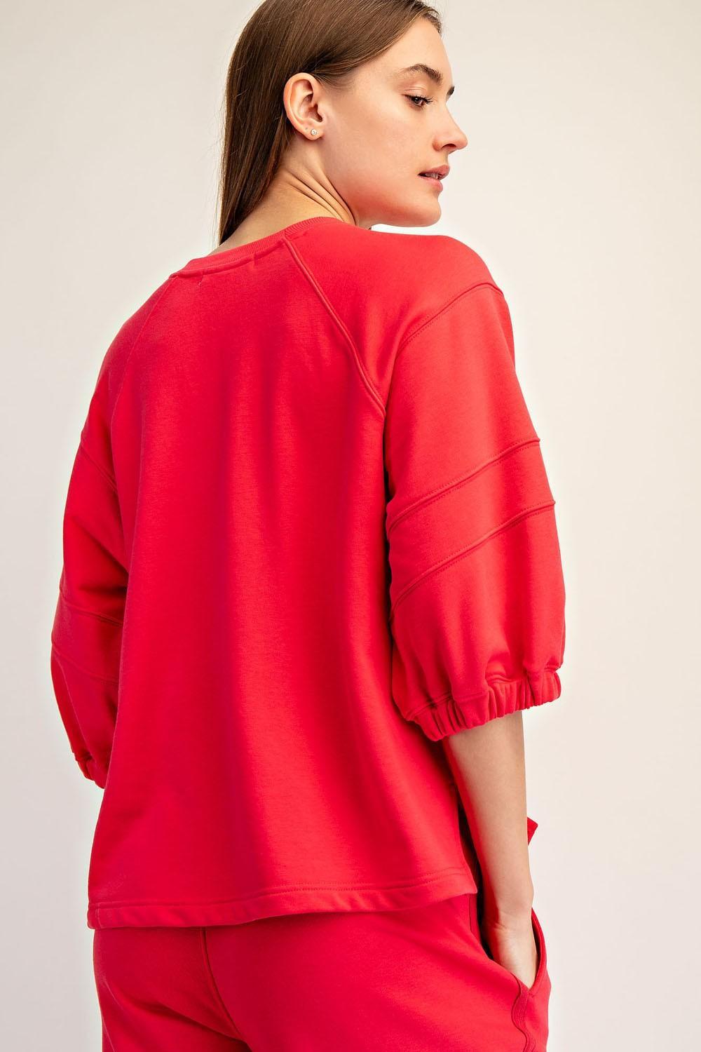 French Terry Bubbled Half Sleeve Top - Candy Red