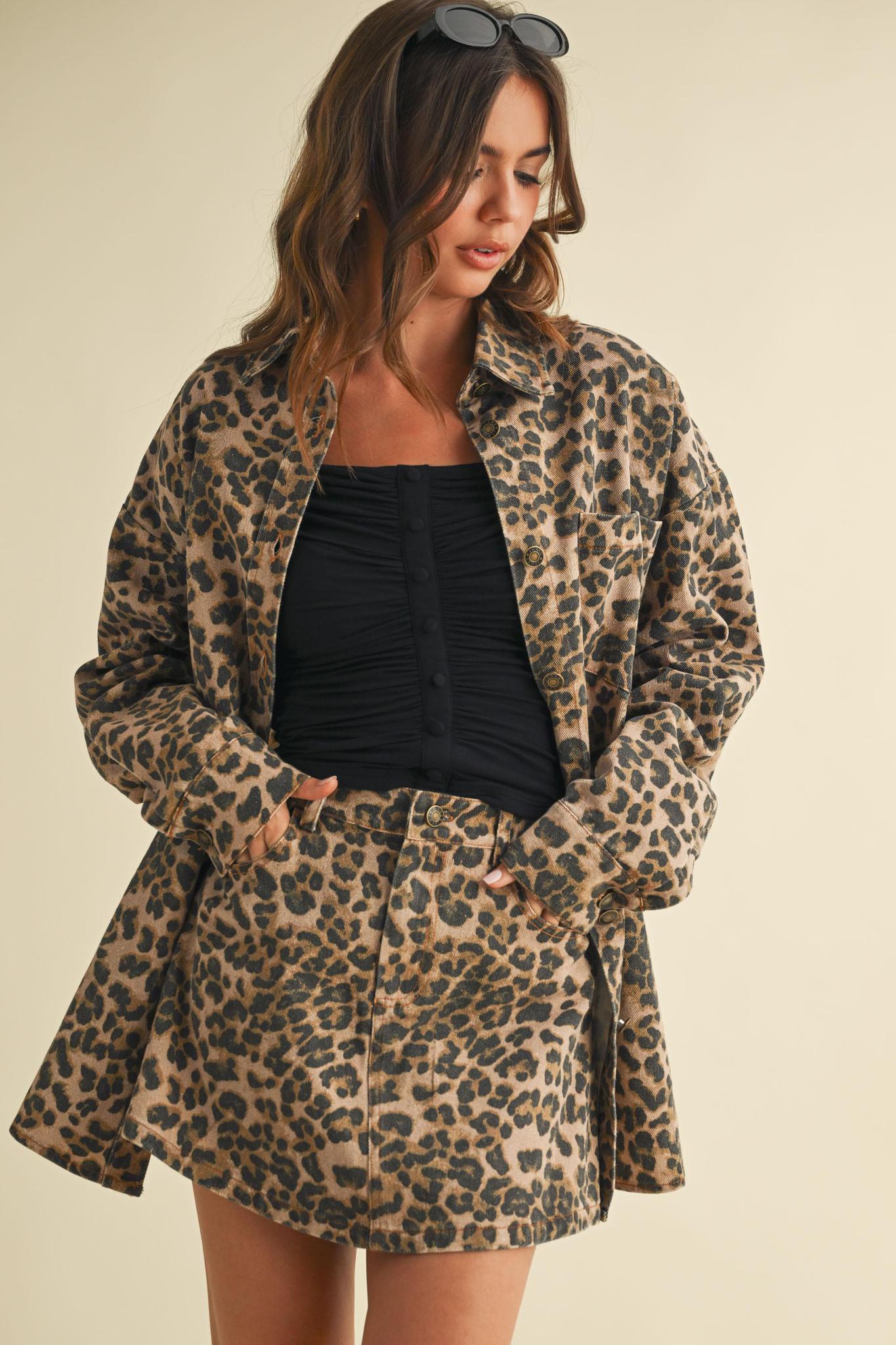 Leopard Shacket And Mini Skirt Set