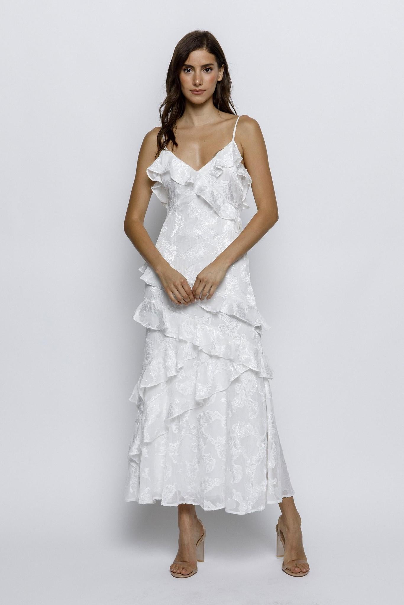 White Beads Embossed Print Ruffled Slip Dress
