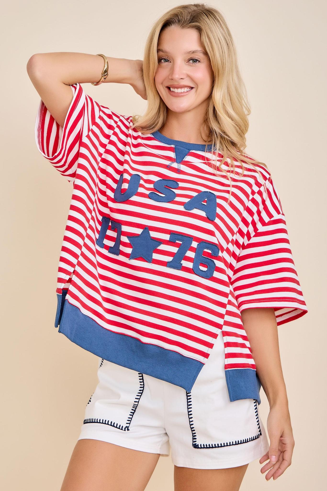 USA Rope Embroidery Striped Top