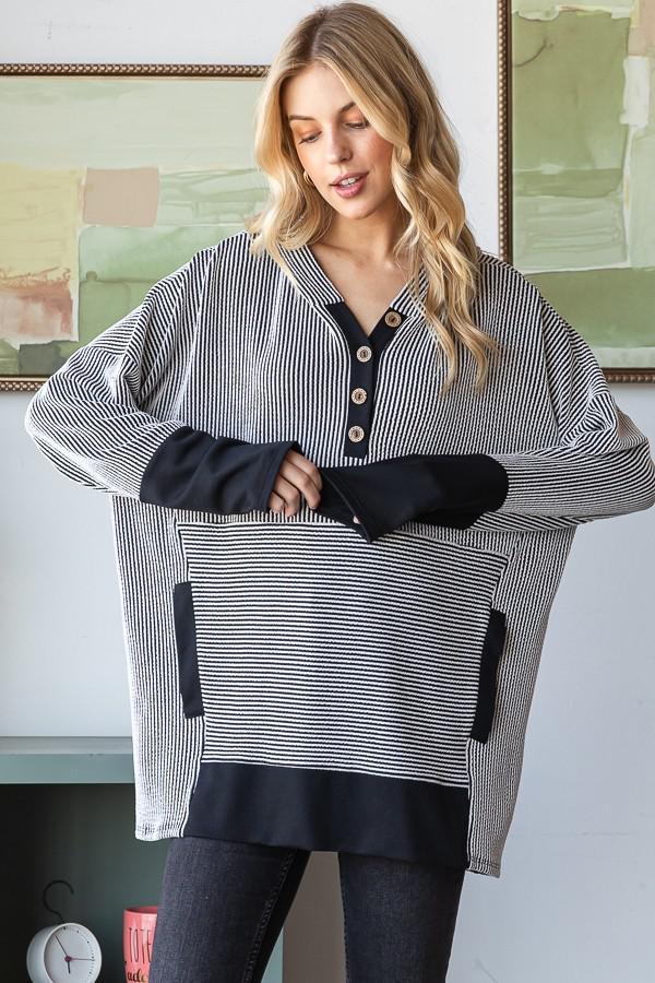Long Sleeve Stripe Solid Contrast Hoodie