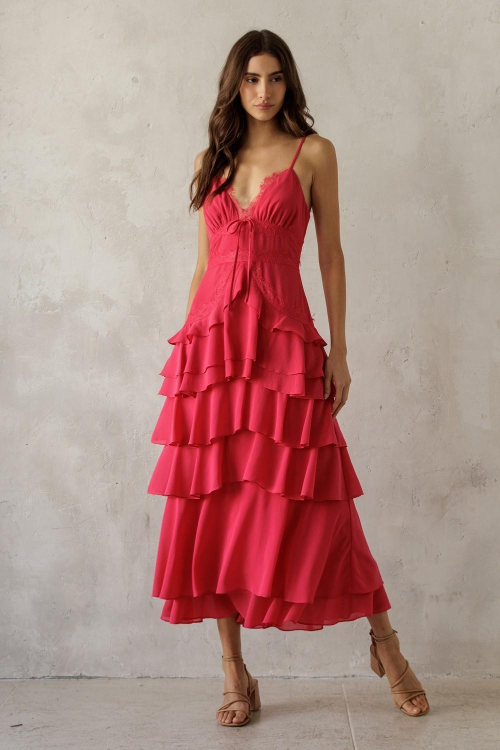 Lace Trim Tiered Midi Dress - Hot Pink