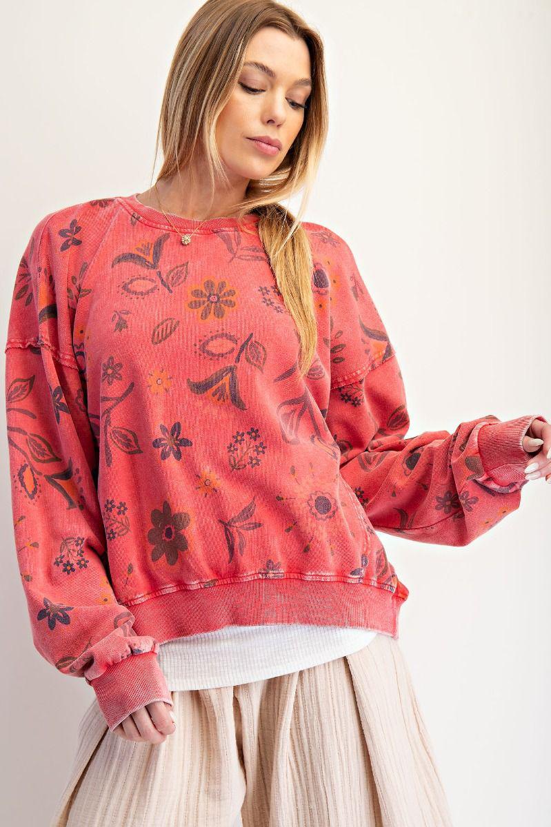 Boho Red Floral Print Pullover