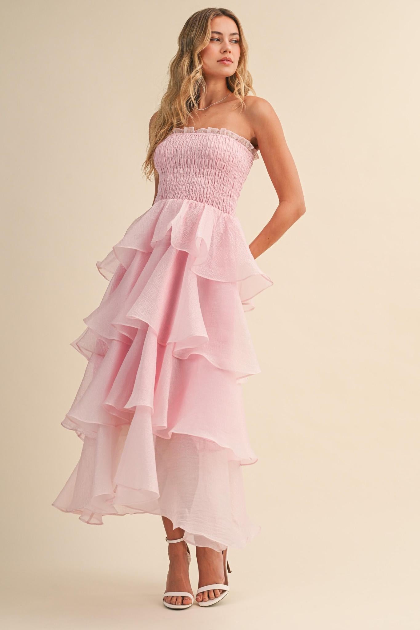Strapless Tiered Ruffled Layered Maxi Dress