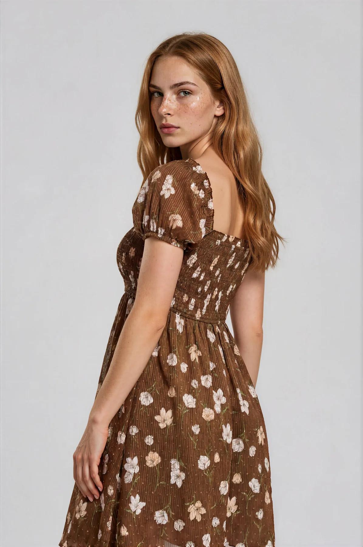 BROWN FLORAL SMOCKED SQUARE NECK PUFF SLEEVE MINI DRESS
