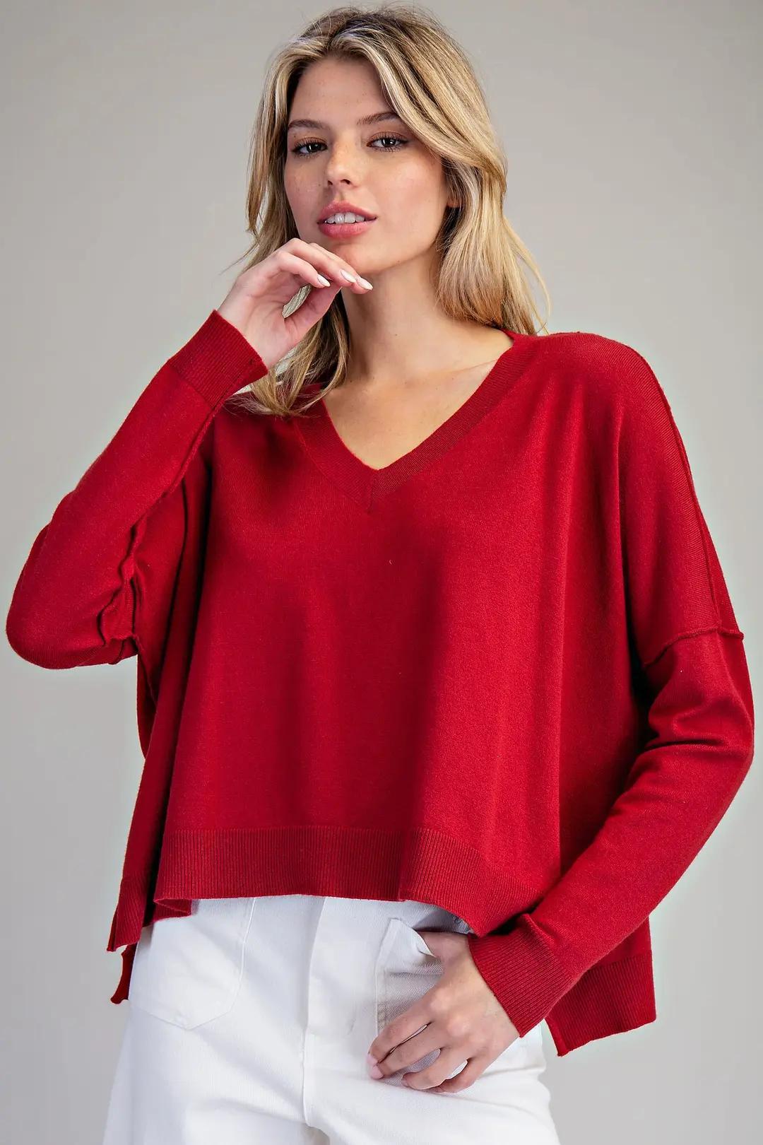 Red Solid V-Neck Long Sleeve Sweater