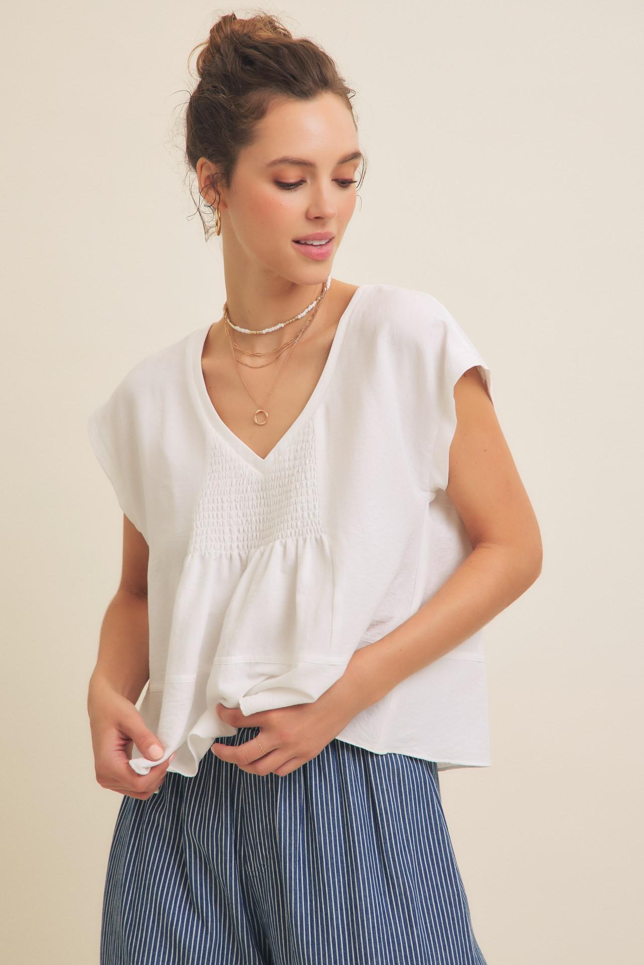Flowy Oversized Blouse With Smocked Detail - White