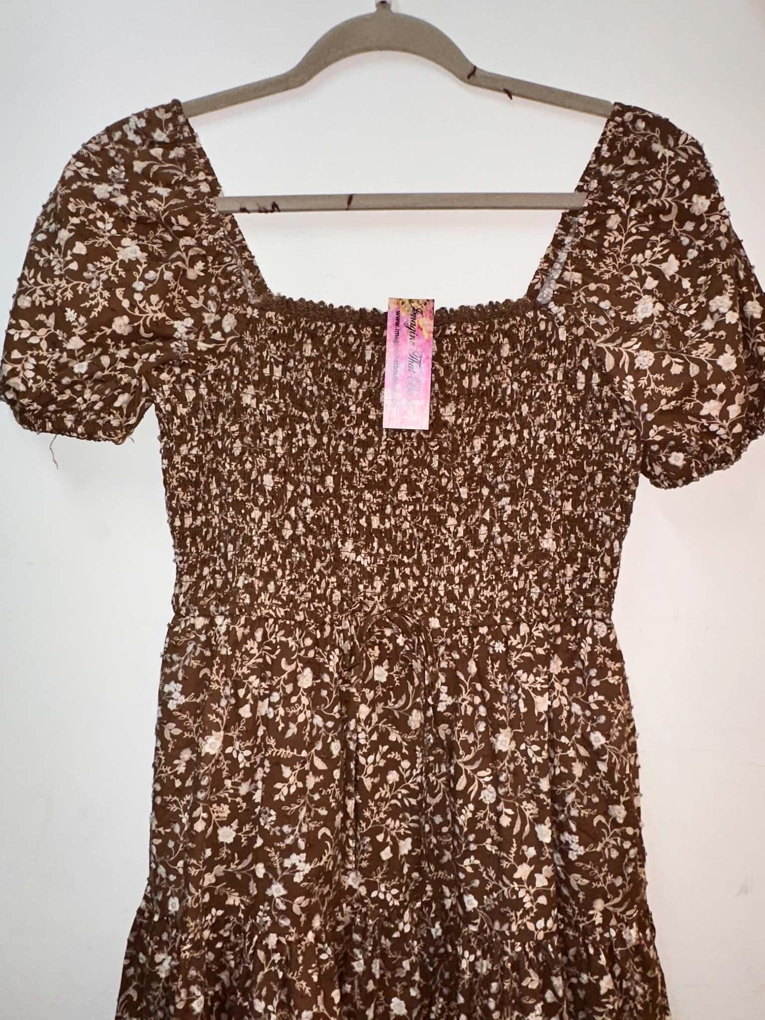Brown Floral Smocked Square Neck Puff Sleeve Midi Dress