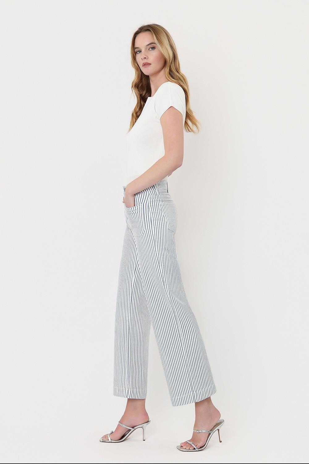 High Rise Patch Pocket Crop Striped Wide Leg Jeans