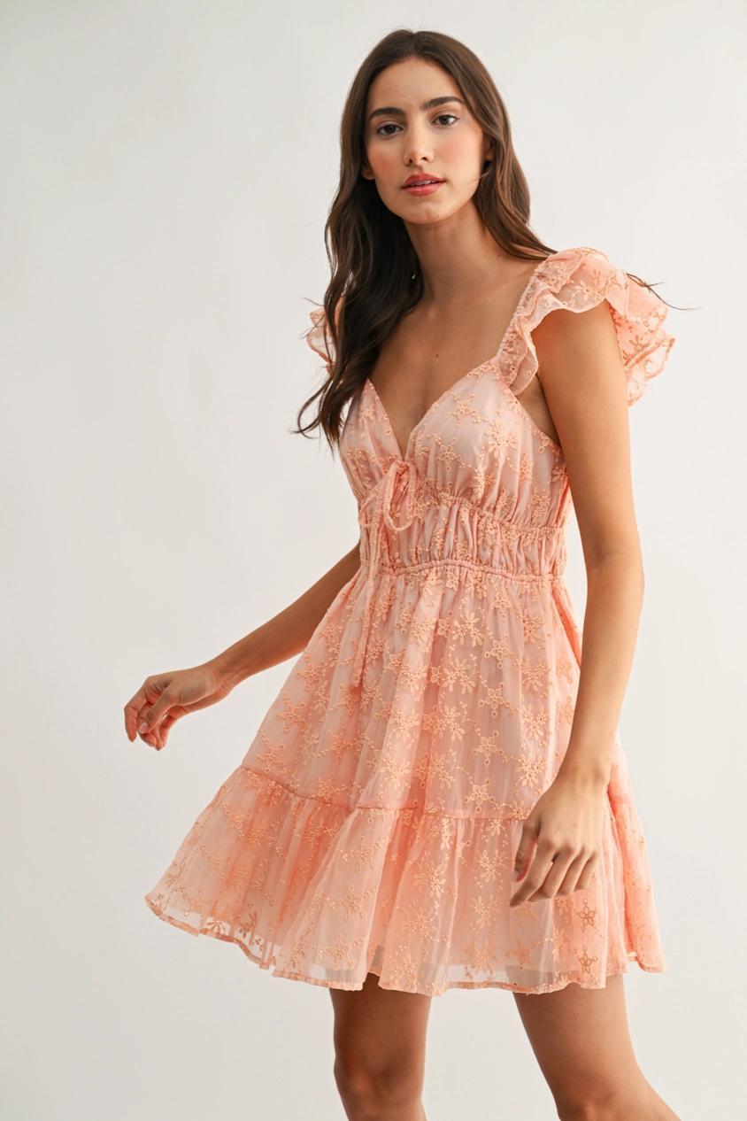 Chiffon Flutter Embroidered Sleeve Mini Dress - Coral
