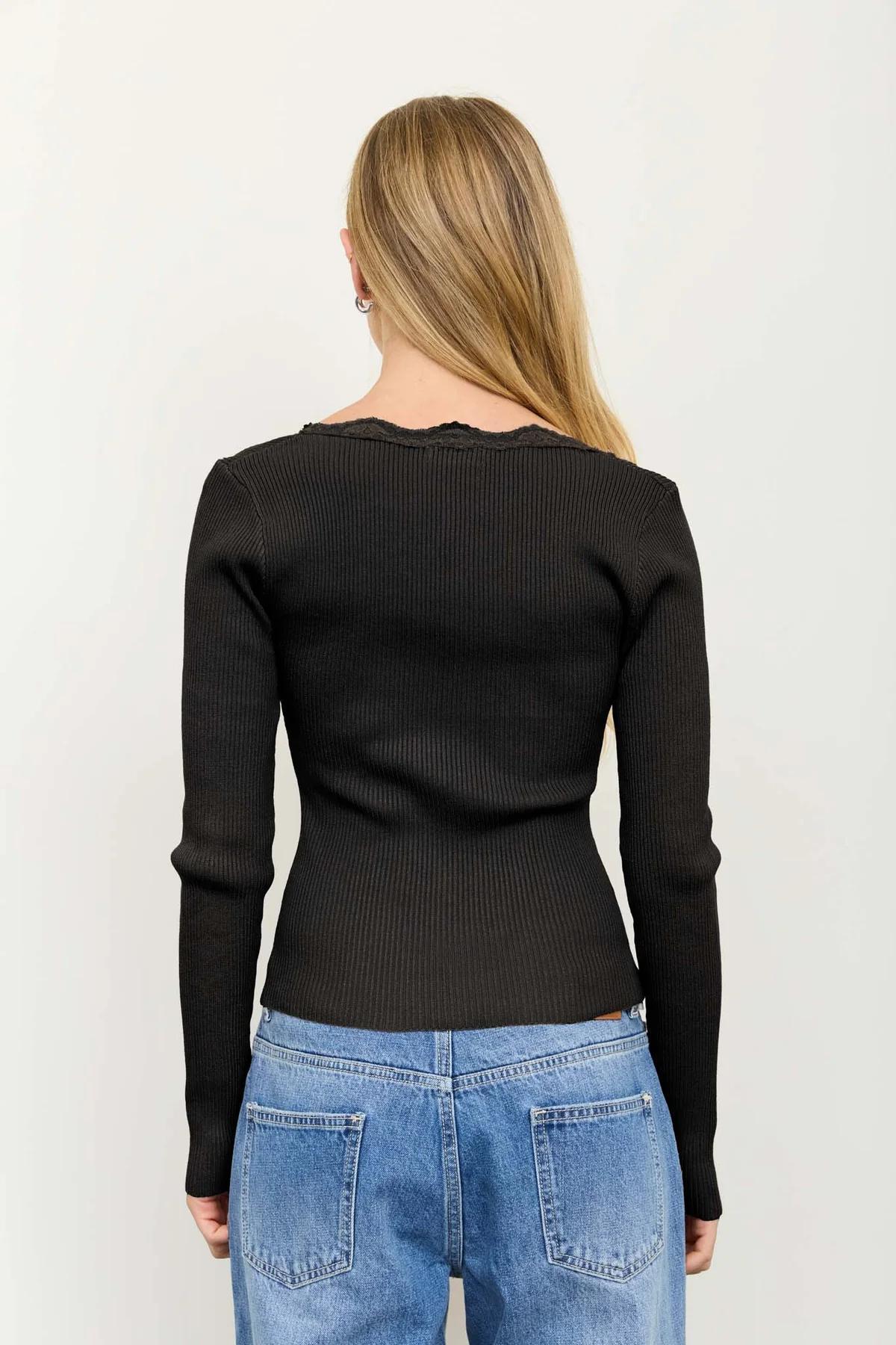 BLACK SQUARE NECK LACE TRIM RIBBED SWEATER KNIT TOP