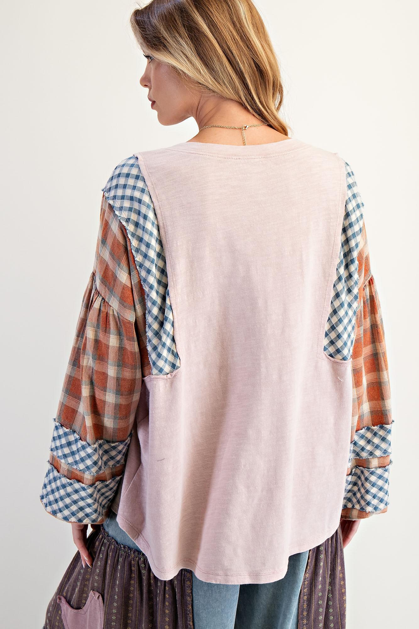 Rose Plaid Mix Cotton Knit Top