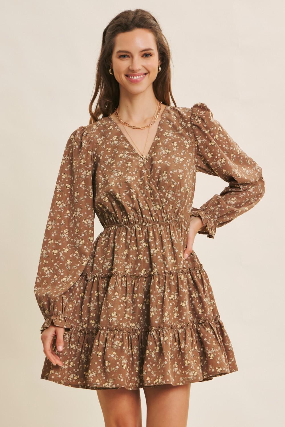 Mocha Romantic Floral Wrap Mini Dress with Ruffles