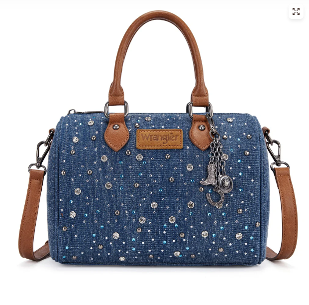 Wrangler Western Rhinestone Denim Boston Bag/Crossbody - Dark Jean