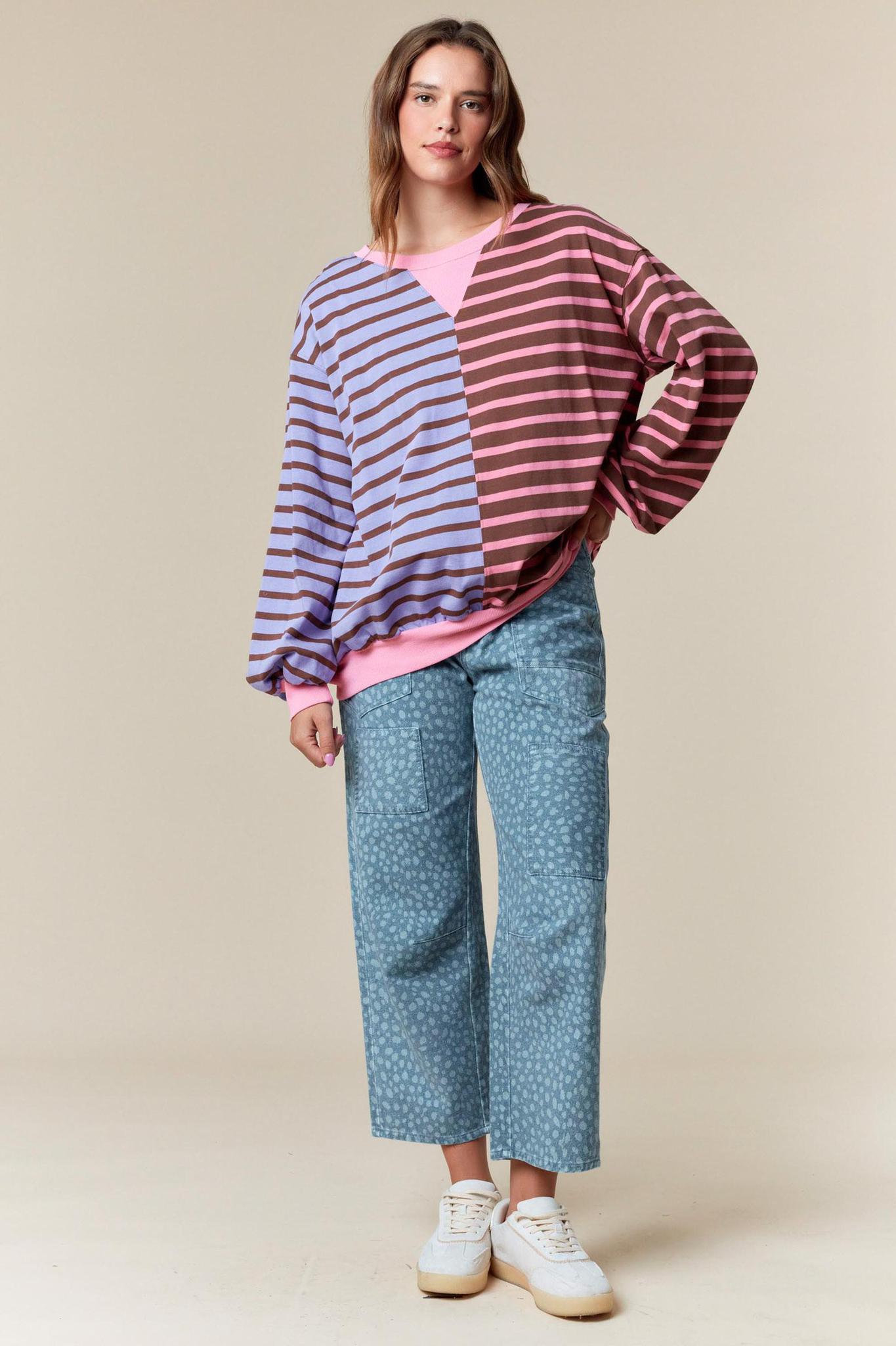 Half & Half Color Block Stripe Sweatshirt